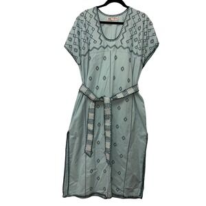 ZARA Embroidered Belted Kaftan Dress Teal Tunic Short Sleeve Women Size Medium